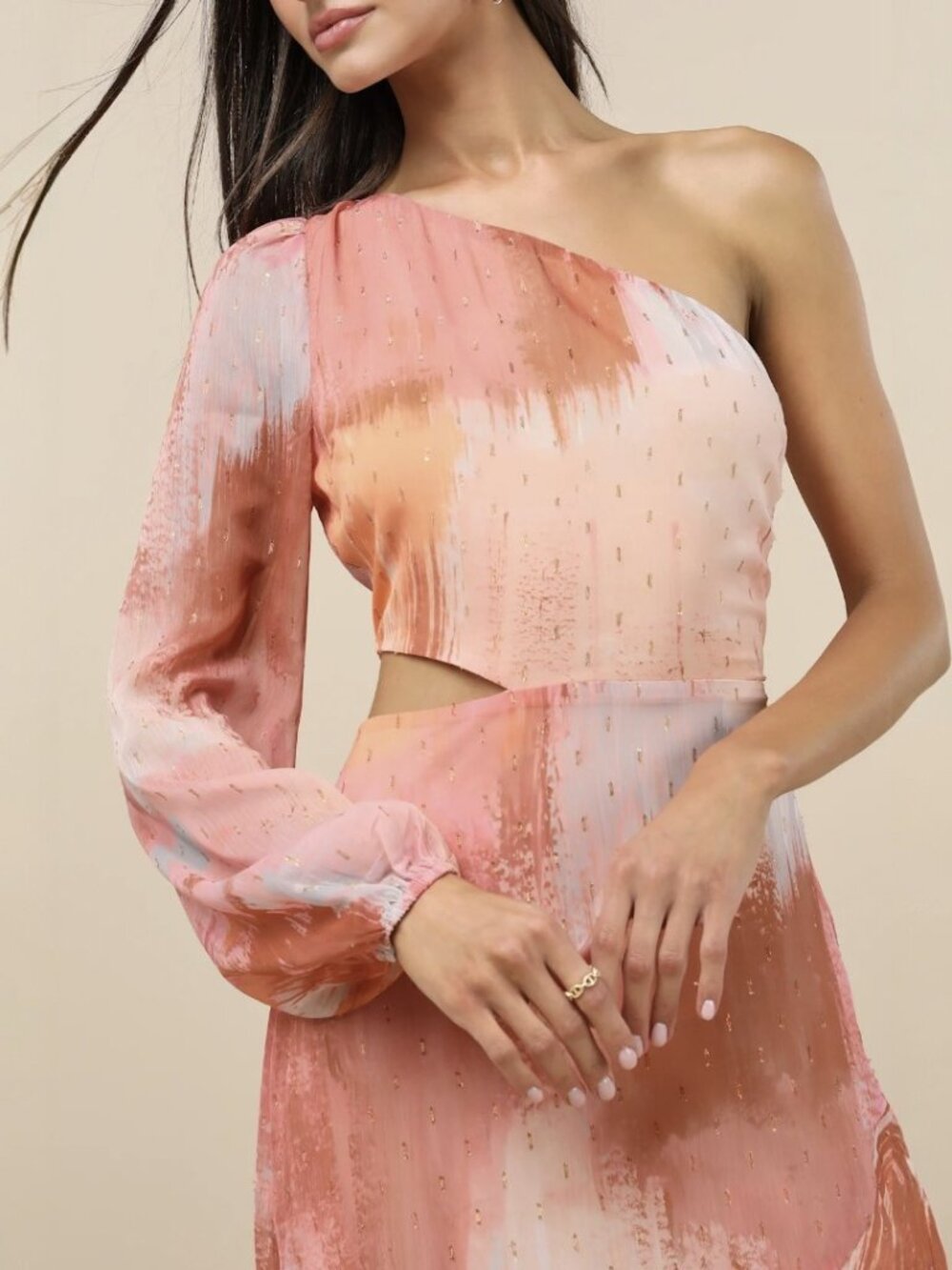 Lulus Faria Peach Multi Abstract Metallic Clip Dot Midi Dress NWT - Picture 4 of 9